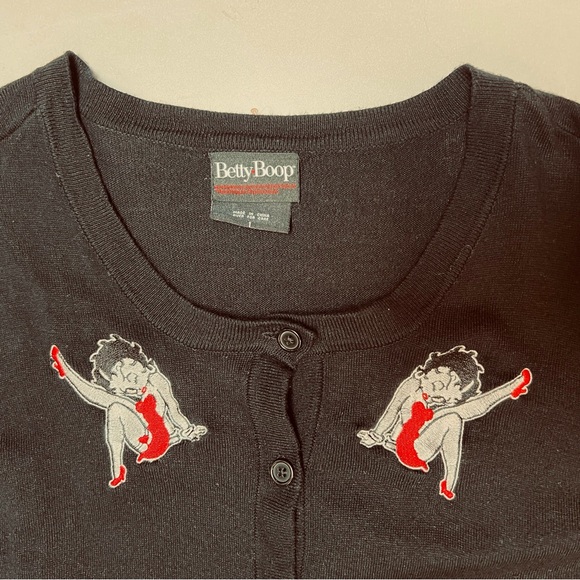 Betty Boop Women’s Cardigan Sweater Plus sz 1 Black knit. Embroidered Figures - Picture 3 of 8